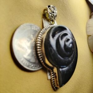 SHUNGITE SPIRAL SHELL, BEADED STERLING PENDANT. 2" INCH LONG. 1.17 WIDE. 1/2" D